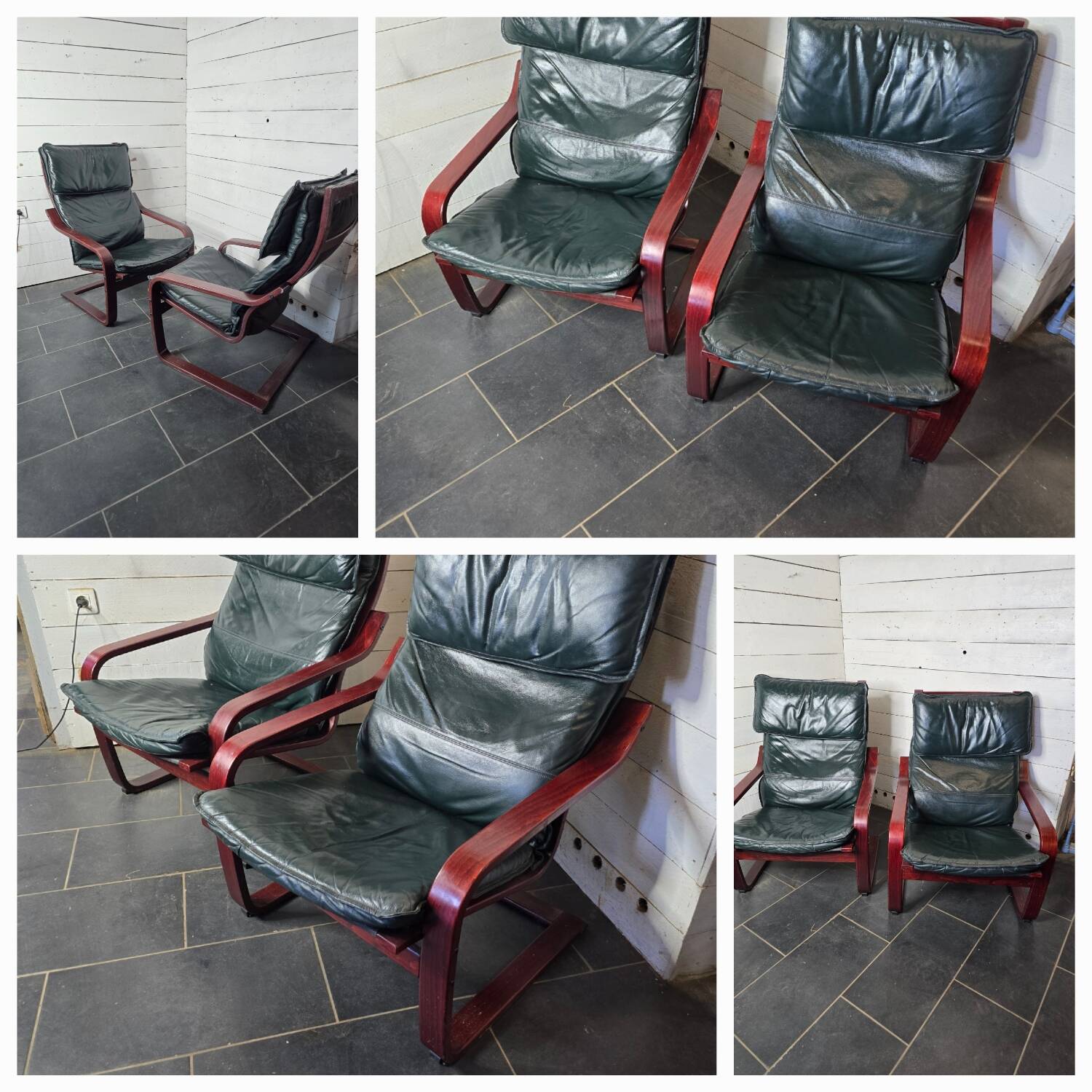 Pair of Scandinavian armchairs in leather and curved wood