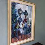 Peinture à l’huile figurative vintage suédoise « Moroccan Ladies » suédoise du milieu du siècle, encadrée