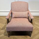 Wooden and red chevron fabric armchair with casters