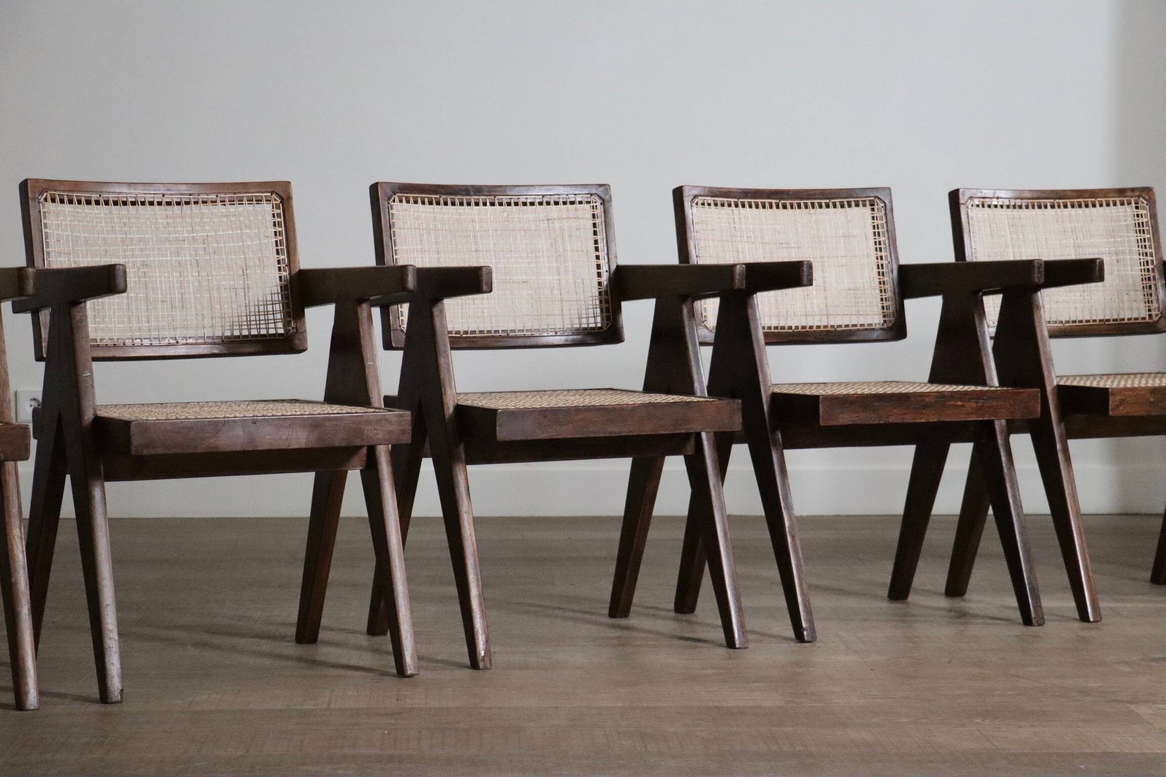 Set of 8 Pierre Jeanneret Office Cane Chairs, India 1950s