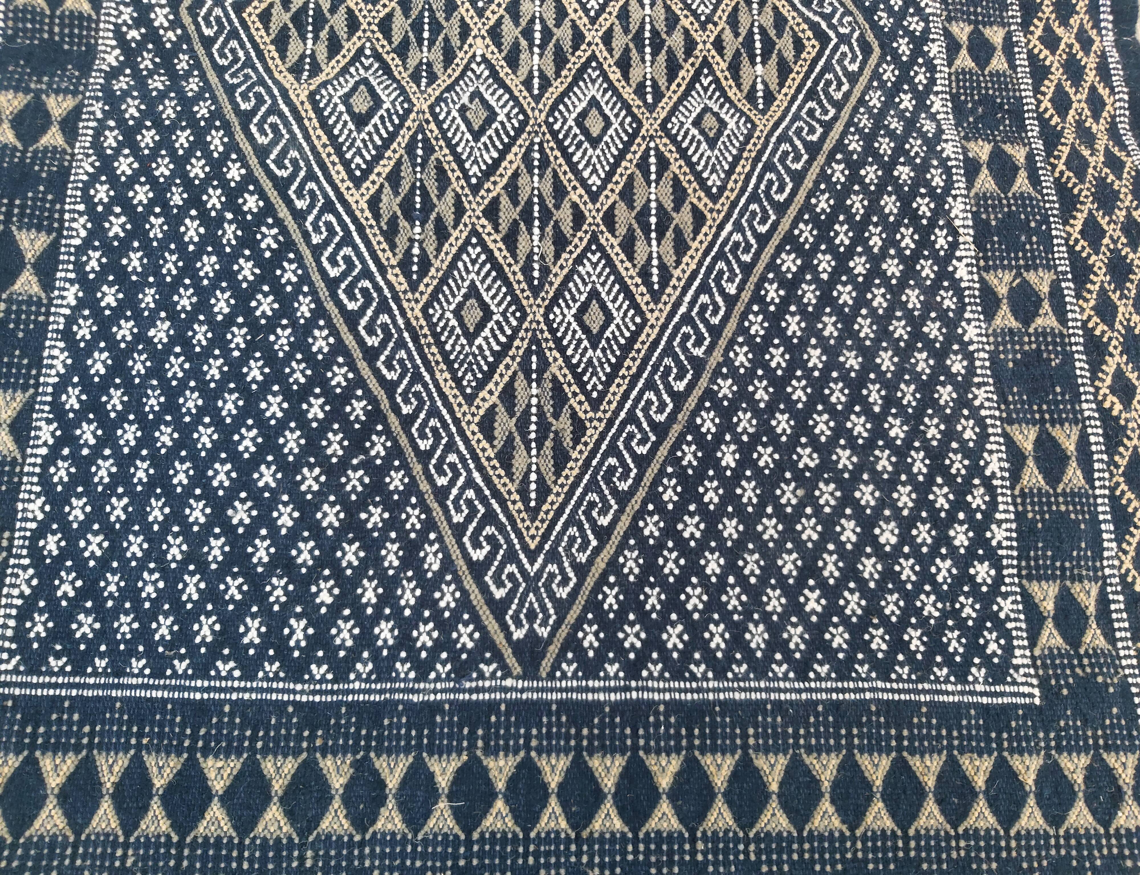 Hand-woven blue carpet in pure wool