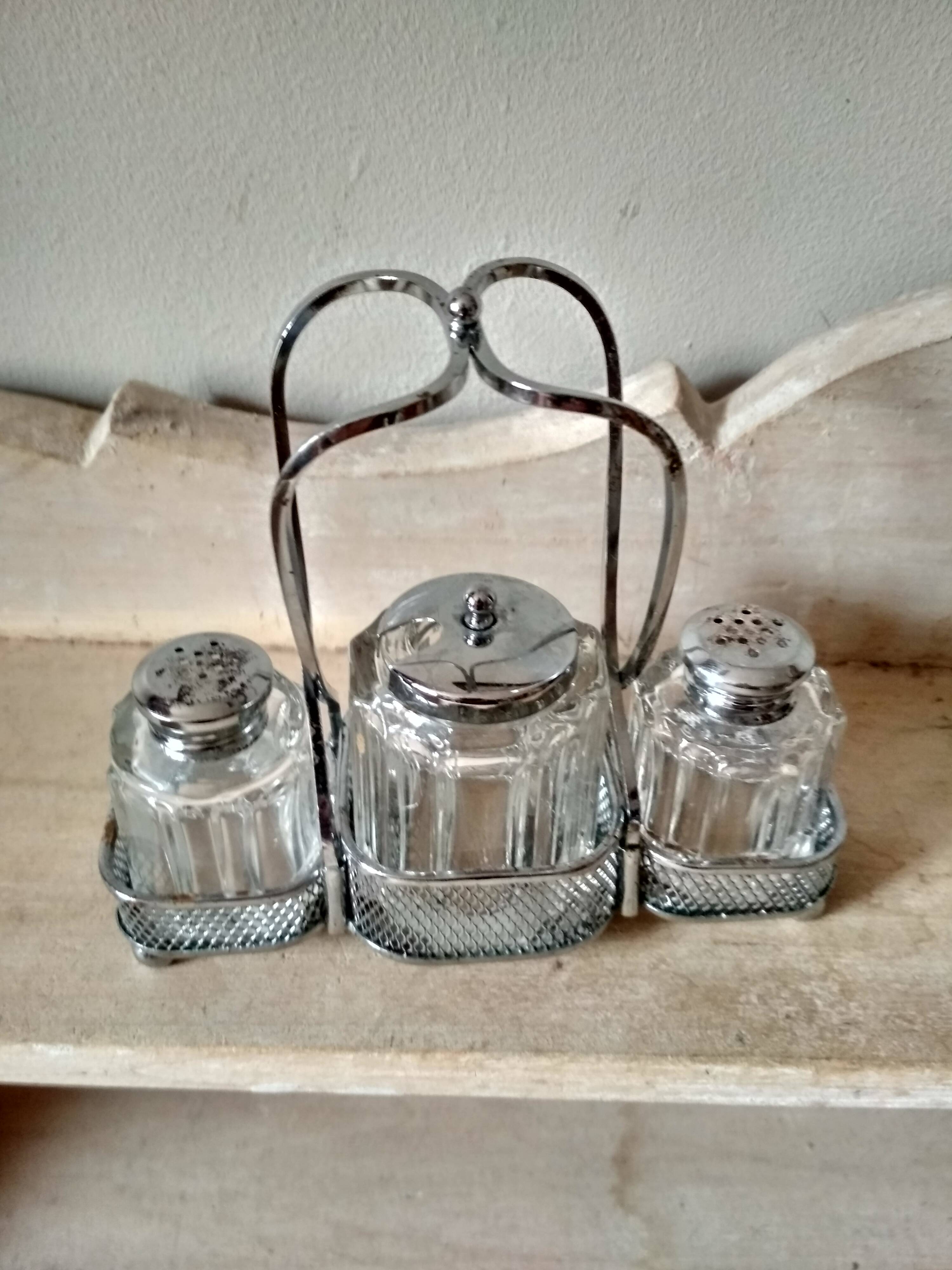 Set of 2 small salt pots and mustard pot in molded glass on their metal servant