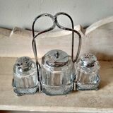 Set of 2 small salt pots and mustard pot in molded glass on their metal servant