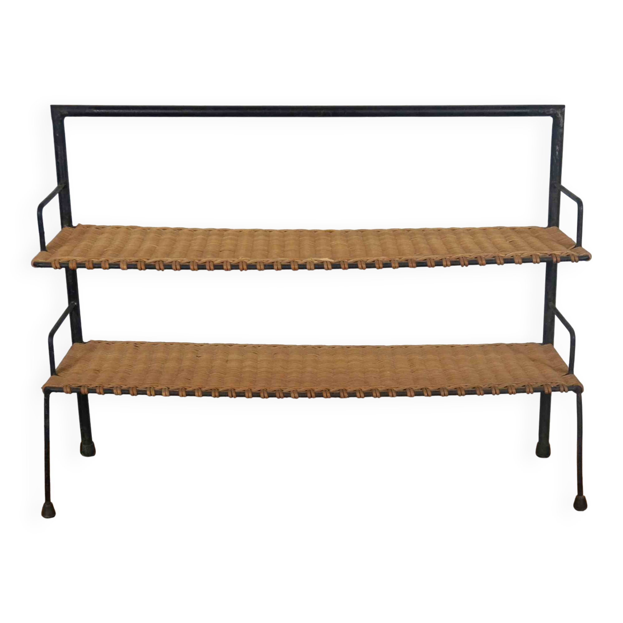 low metal and rattan shelf from the 50s