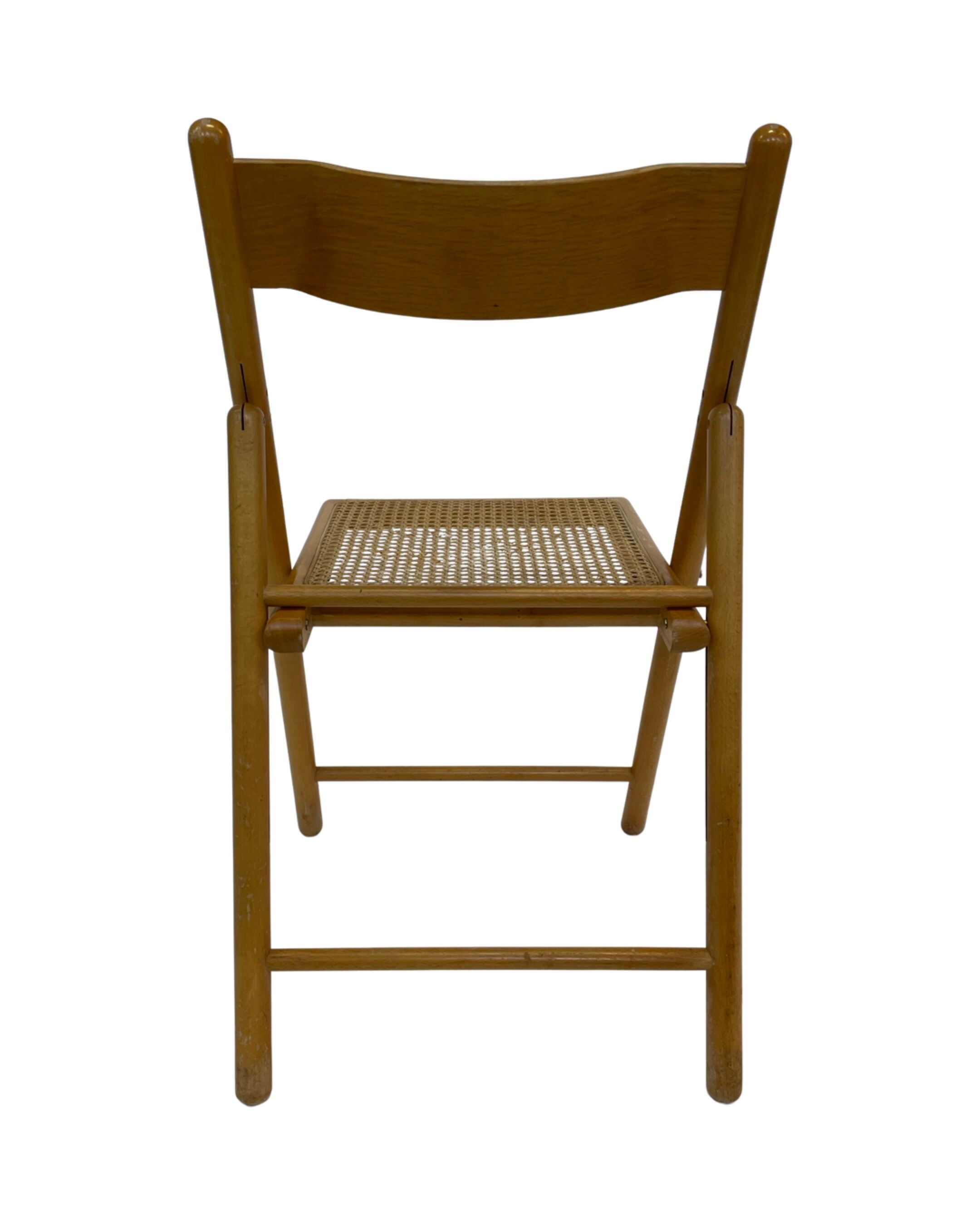 Set of four vintage folding chairs with webbing and wood 1970s