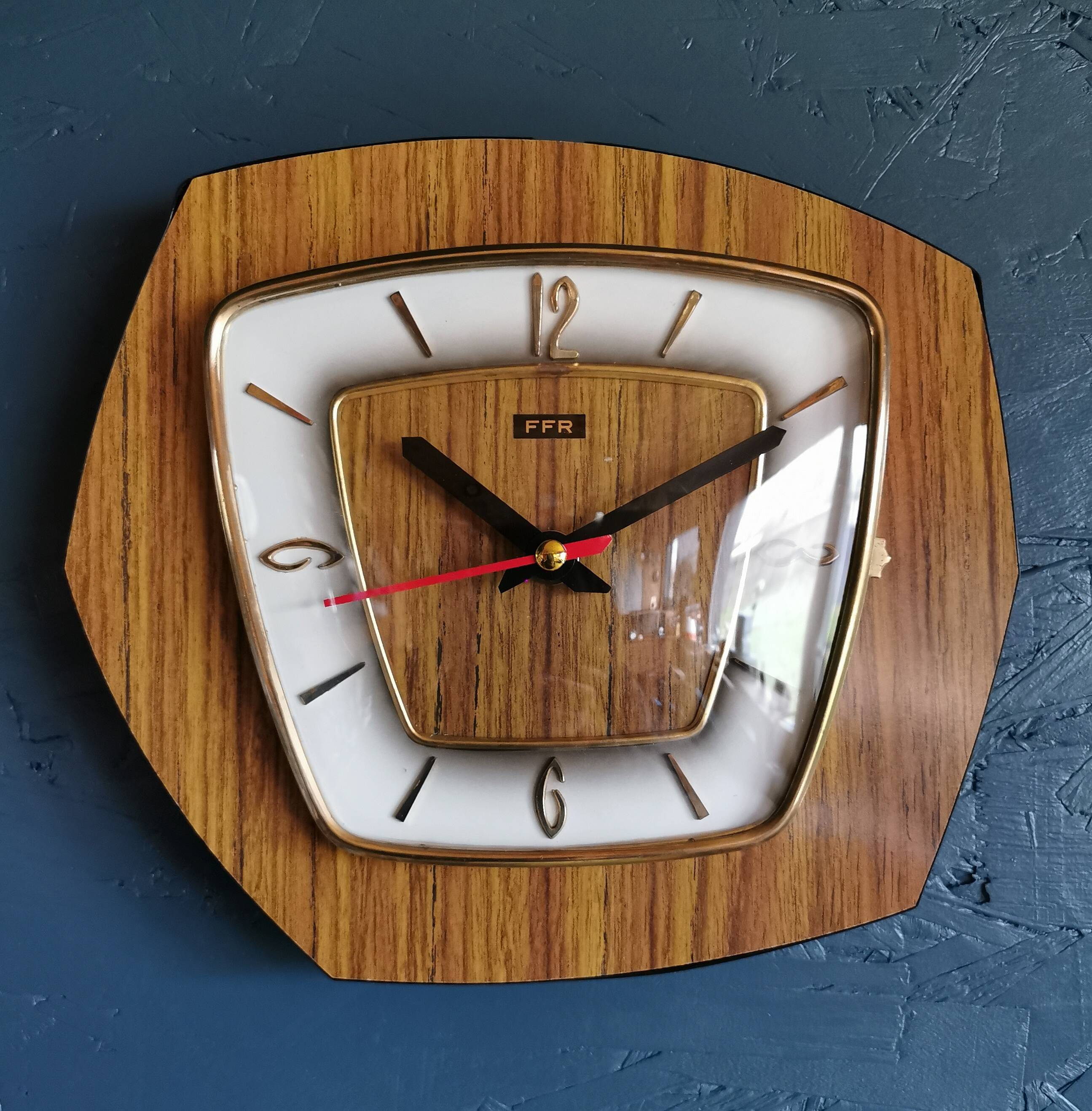 Vintage formica clock silent hexagonal wall pendulum "FFR wood"