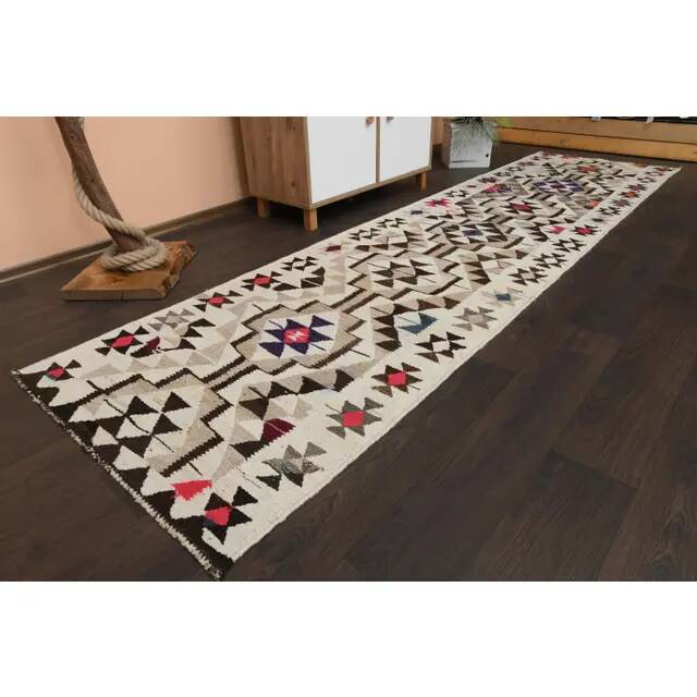 1970s Vintage Turkish Hand-Knotted Wool Cotton Beige Runner Rug 91x350