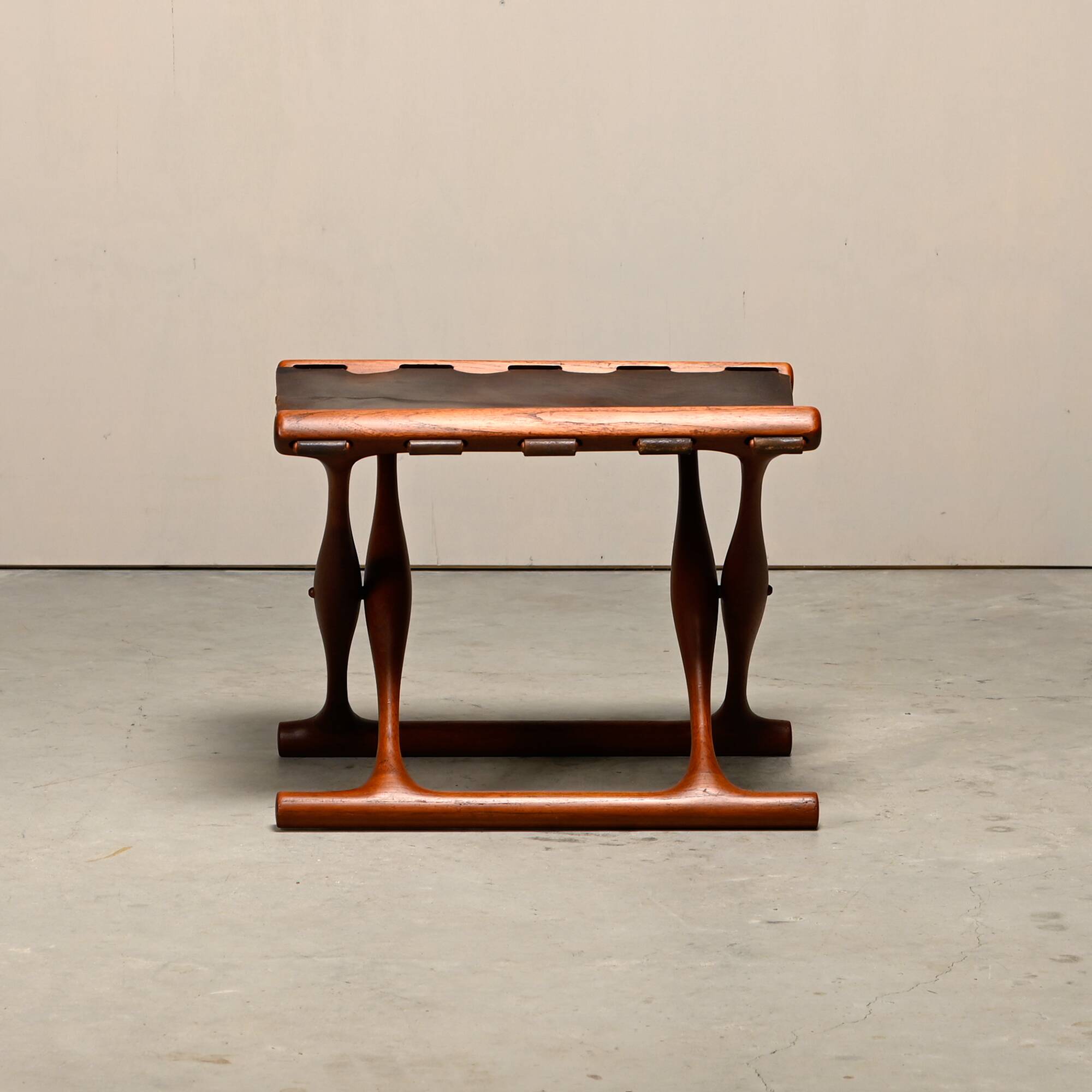 Poul Hundevad PH43 Guldhøj Stool in Teak and Brown Leather, Denmark, 1960s