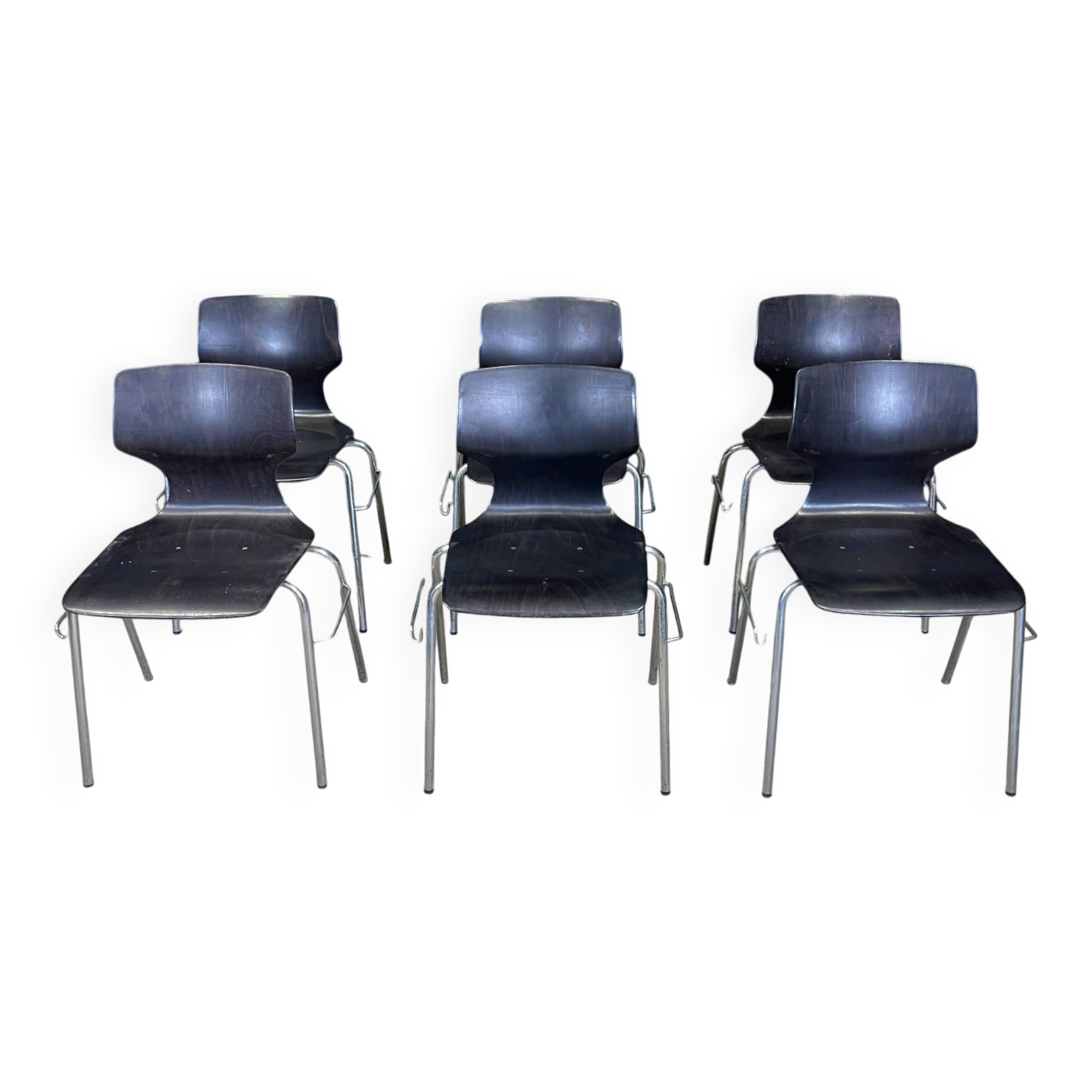 Set of 6 Flototto chairs wenge wood chrome steel 70s