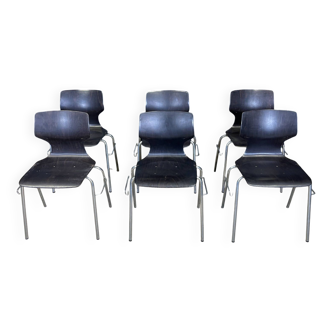 Set of 6 Flototto chairs wenge wood chrome steel 70s