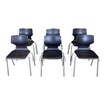 Set of 6 Flototto chairs wenge wood chrome steel 70s