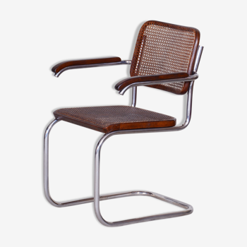 Fauteuil Bauhaus restauré, Marcel Breuer, Thonet, hêtre, chrome, Allemagne, années 1930