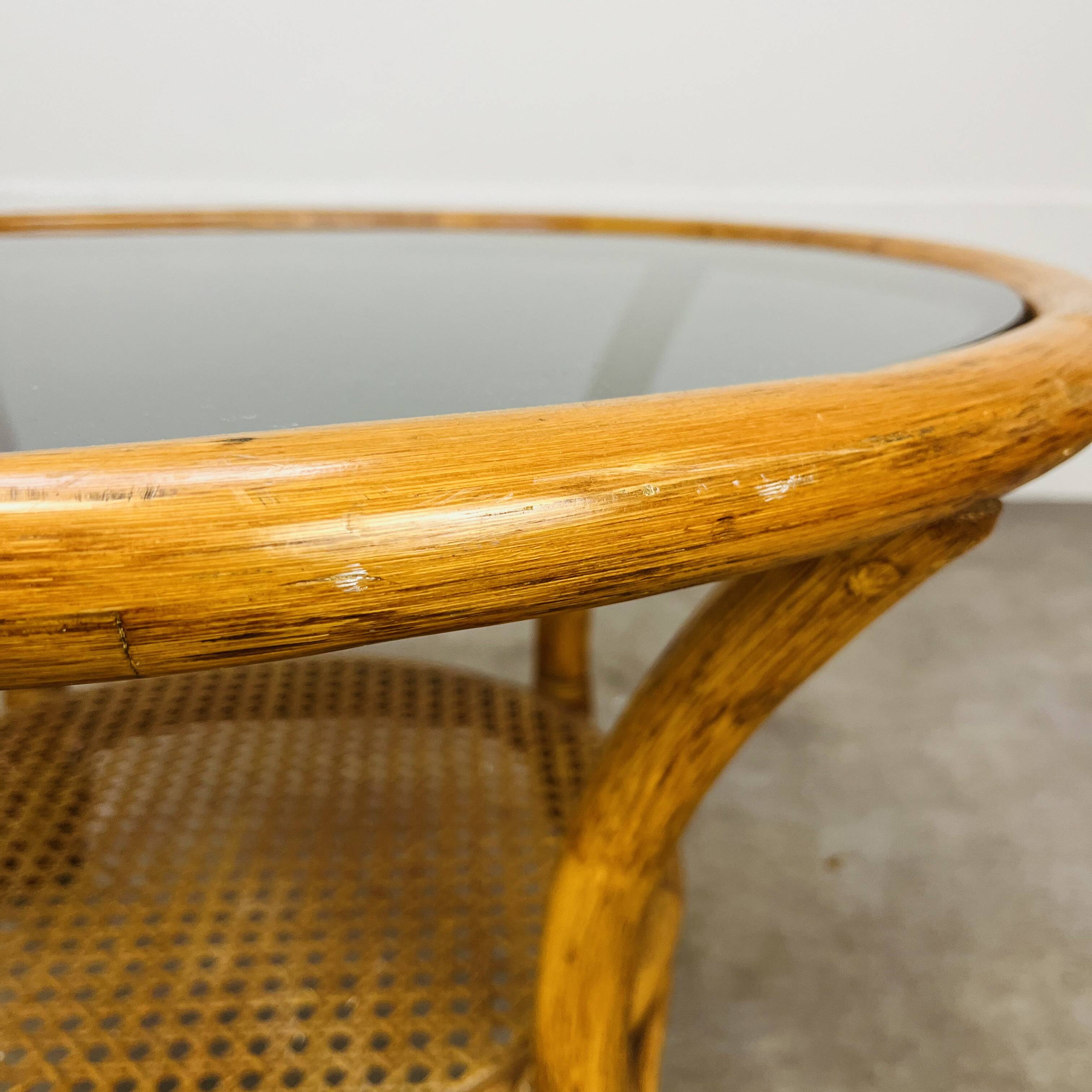 Round rattan smoked glass coffee table, 60s