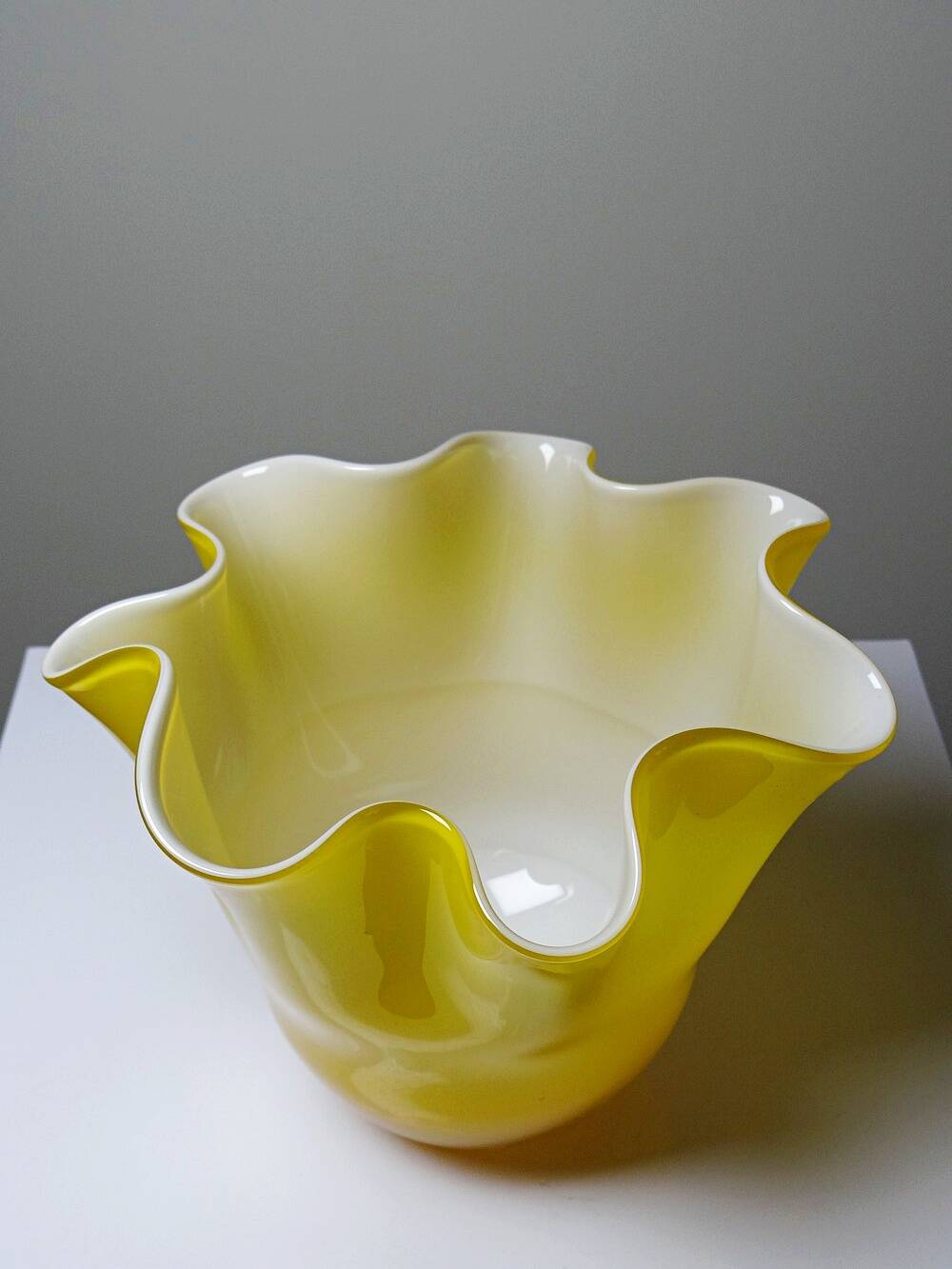 Fazzoletto vase in blown Italian glass, yellow opaline lined, Murano 1960-70.