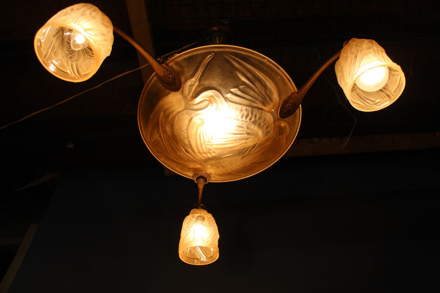 Art deco glass chandelier with Noverdy bird décor