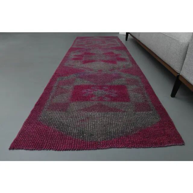 1970s Vintage Turkish Oushak Handmade Wool Cotton Purple Runner Rug 86x261