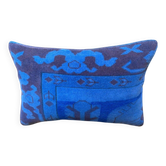 Vintage Turkish Wool Lumbar Pillow, Handmade Blue Geometric Rug Cushion