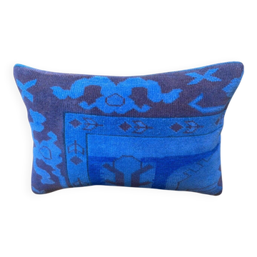 Vintage Turkish Wool Lumbar Pillow, Handmade Blue Geometric Rug Cushion