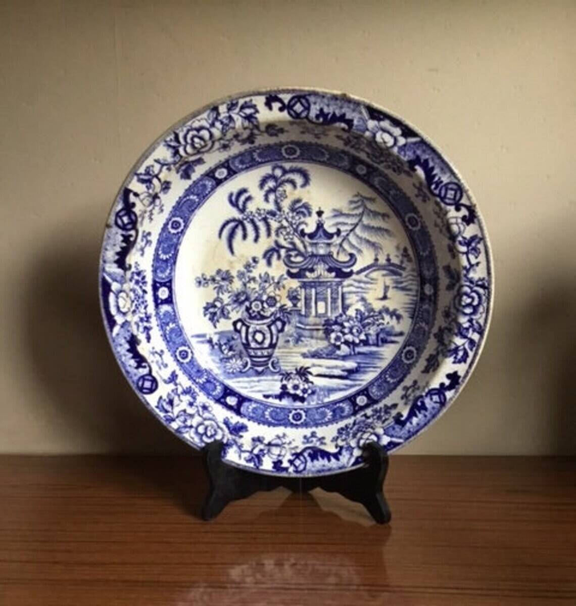 Old hollow dish, Terre de Fer earthenware dish (Creil and Montereau), Japanese pagoda model