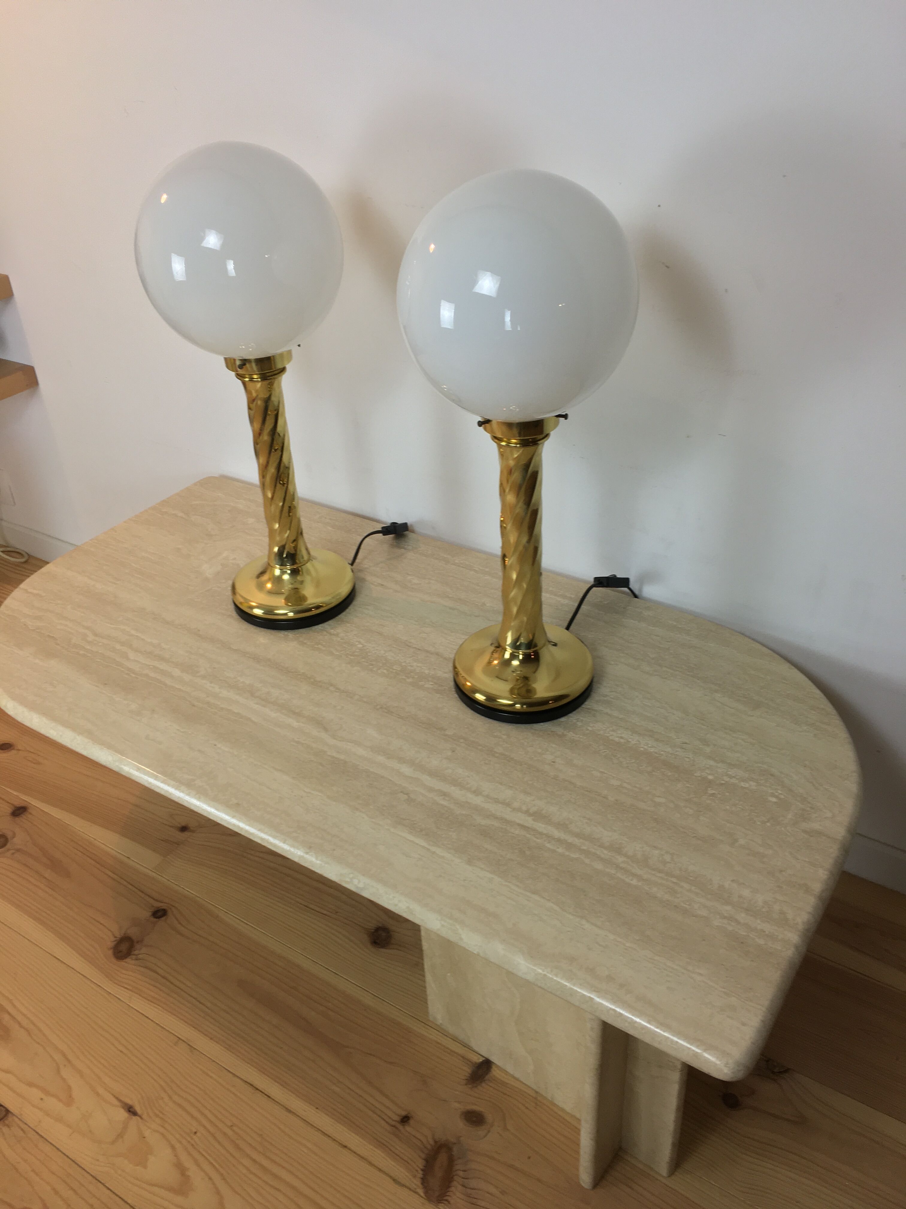 Pair of gilded column lamps Hollywood Regency style