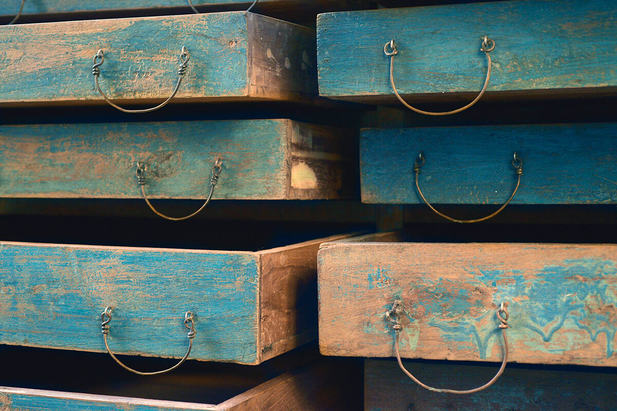 24-drawers patinated wooden workshop furniture