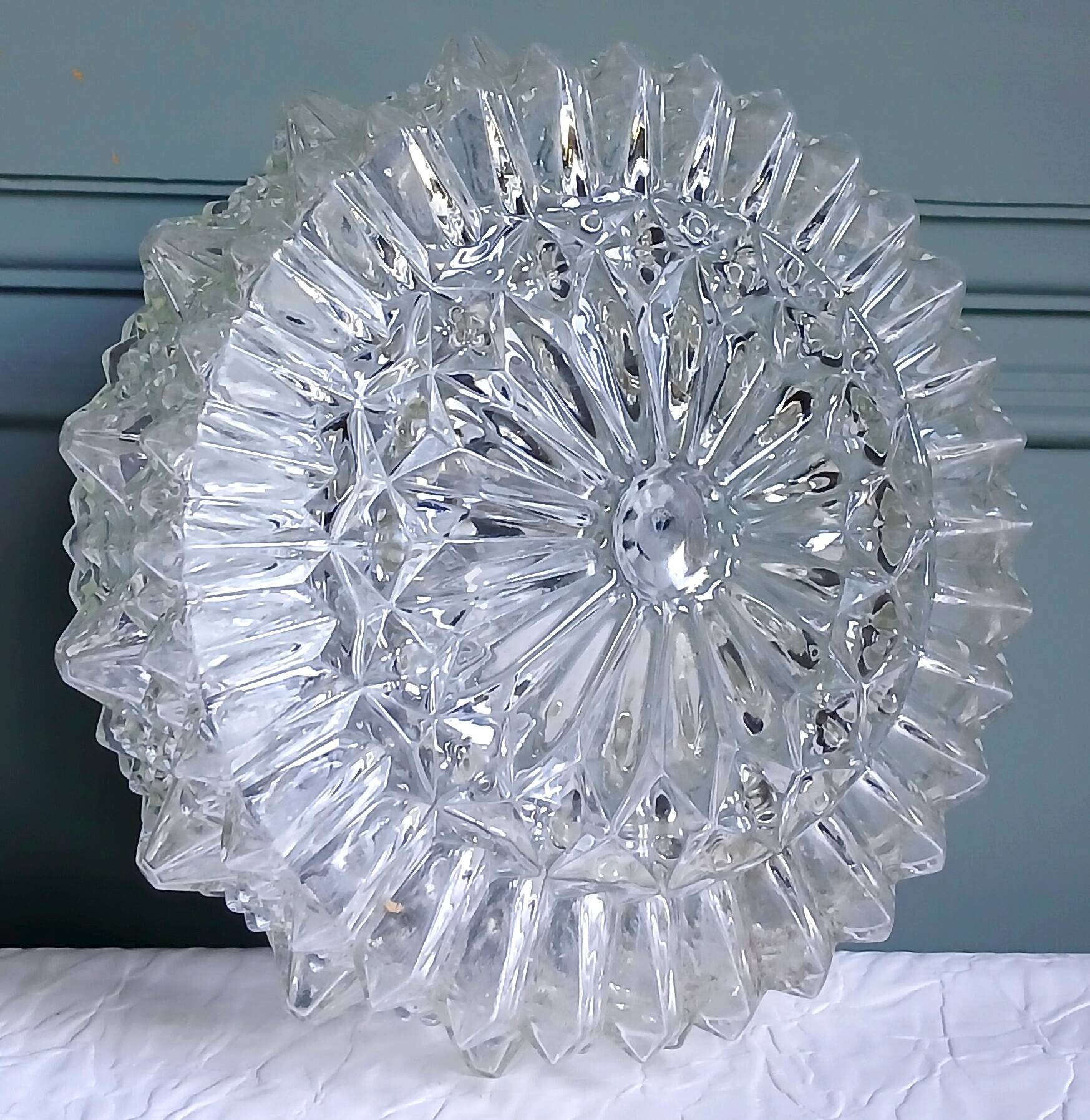 Ceiling light or wall light in moulded glass with diamond point, 1970.