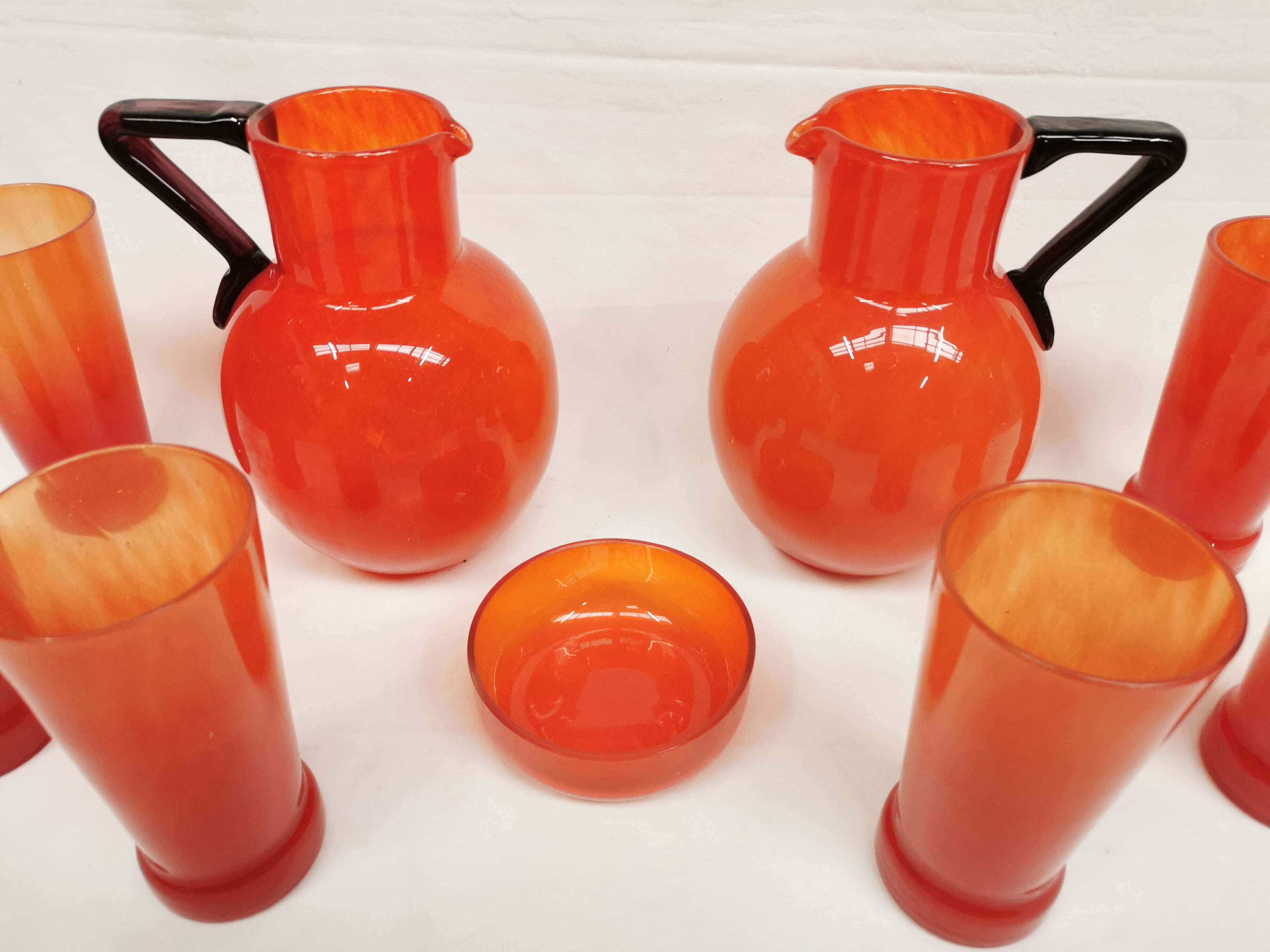 Schneider Orangeade / Lemonade Service, Le Verre Français. 2 Pitchers and 6 Glasses