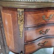 Lady's demi-lune commode in Louis XV style with marquetry and gilded bronze.