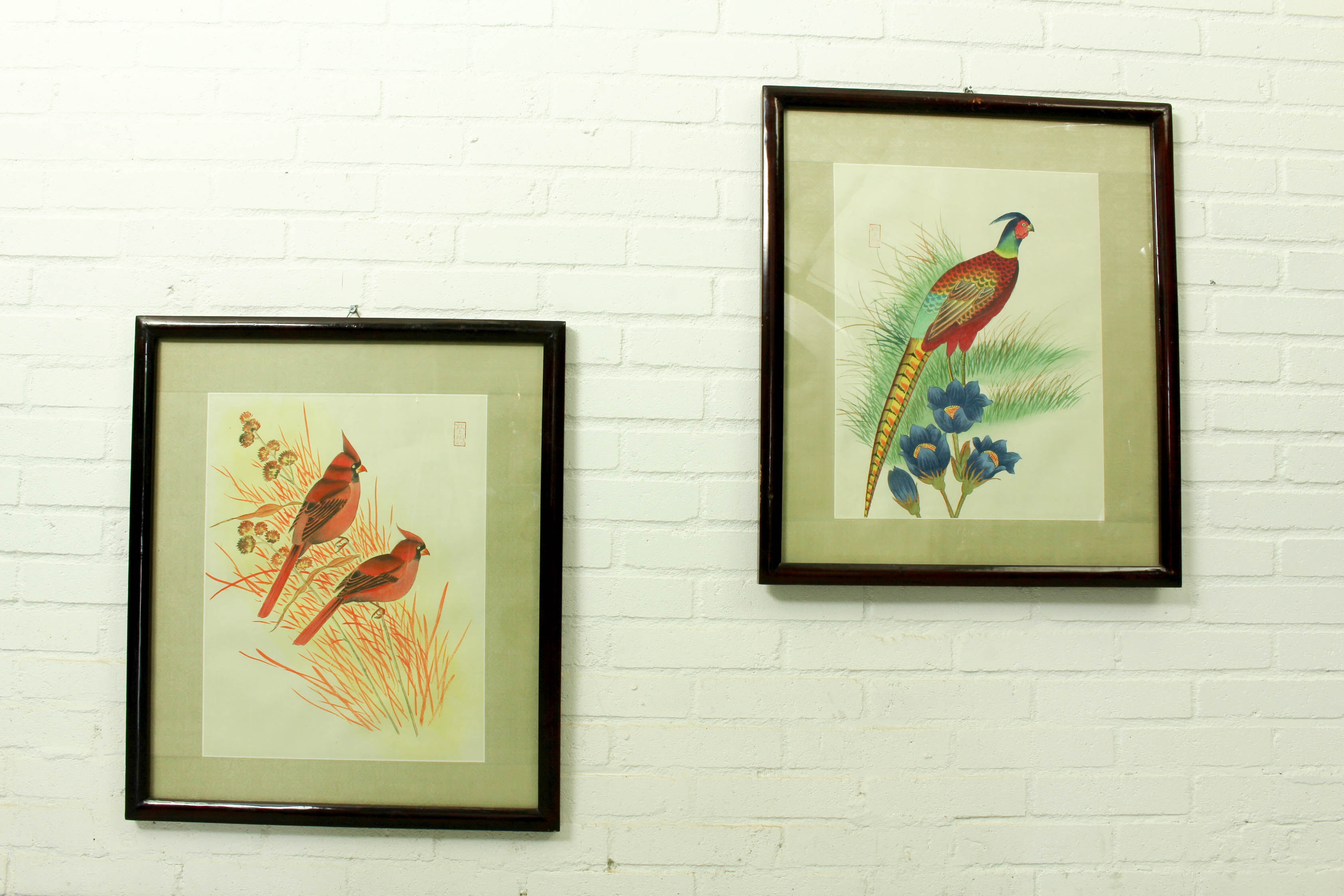 Antique asian painting on rice paper in high quality wood frames, c 1910s