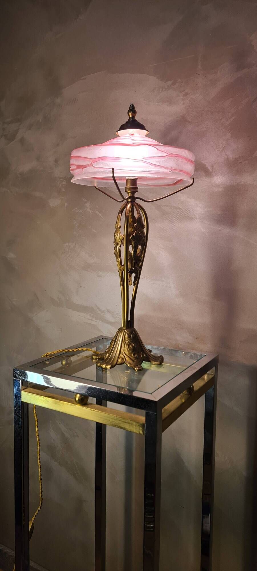 Austrian Art Nouveau bronze lamp with Loetz style art glass shade