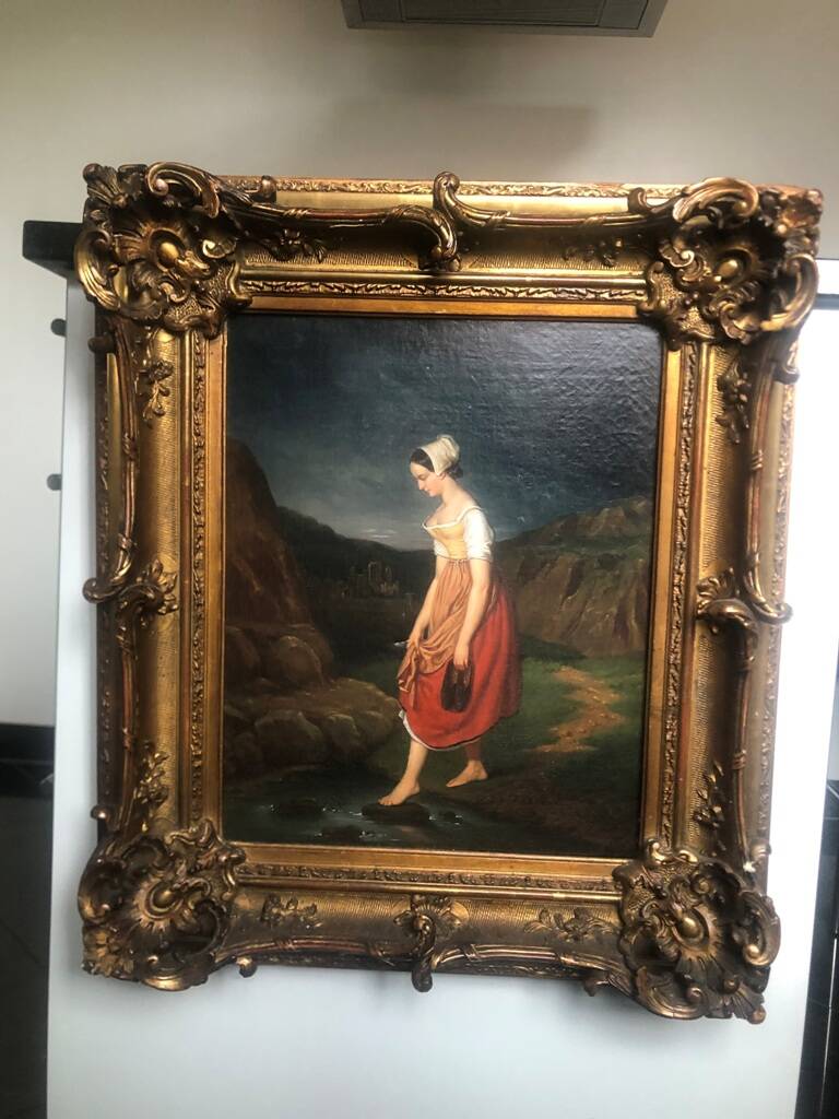 Oil on canvas 19th century "Breton woman crossing a stream"