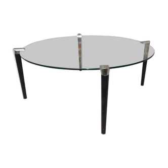 Table basse ronde 1960 plateau en verre pied en bois et métal chromé