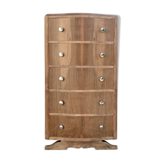 High art deco chest of drawers with mustache feet in raw walnut, 1930s