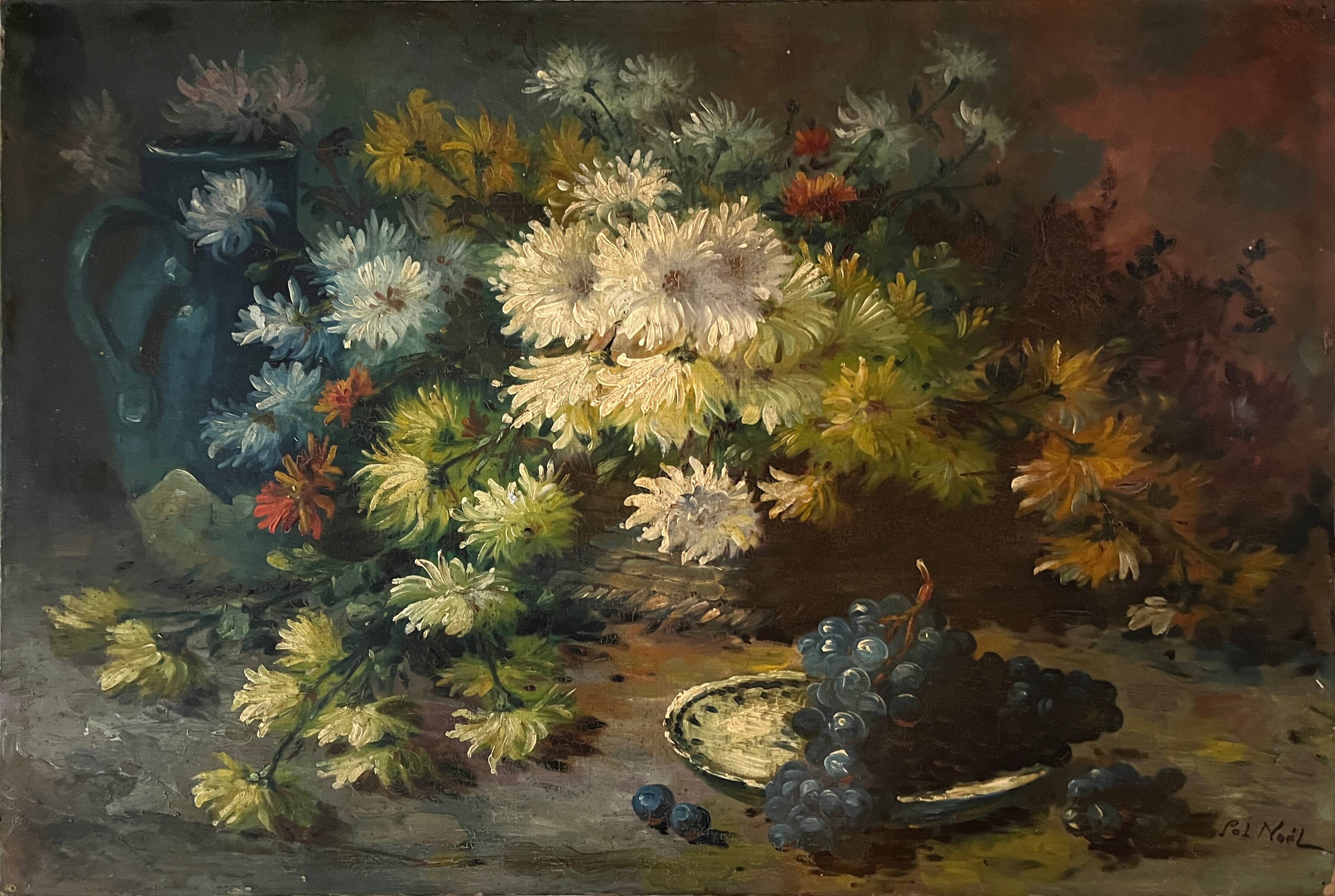 Oil painting "Still Life with Flowers and Grapes" by Pol Noel (1851-1911)