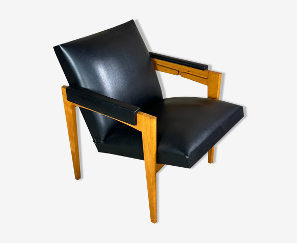 Fauteuil à système vintage 1950 en bois et simili