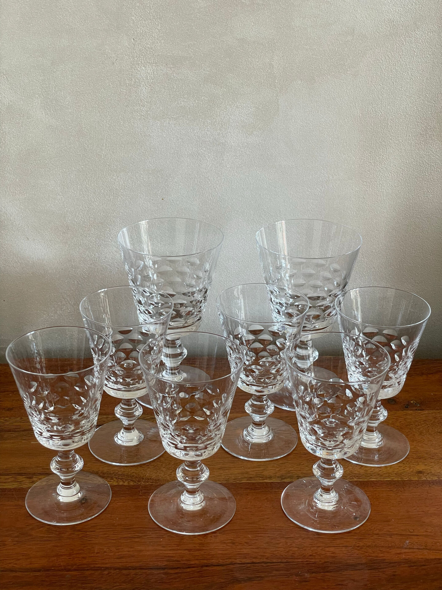 6 crystal wine glasses and 2 water glasses