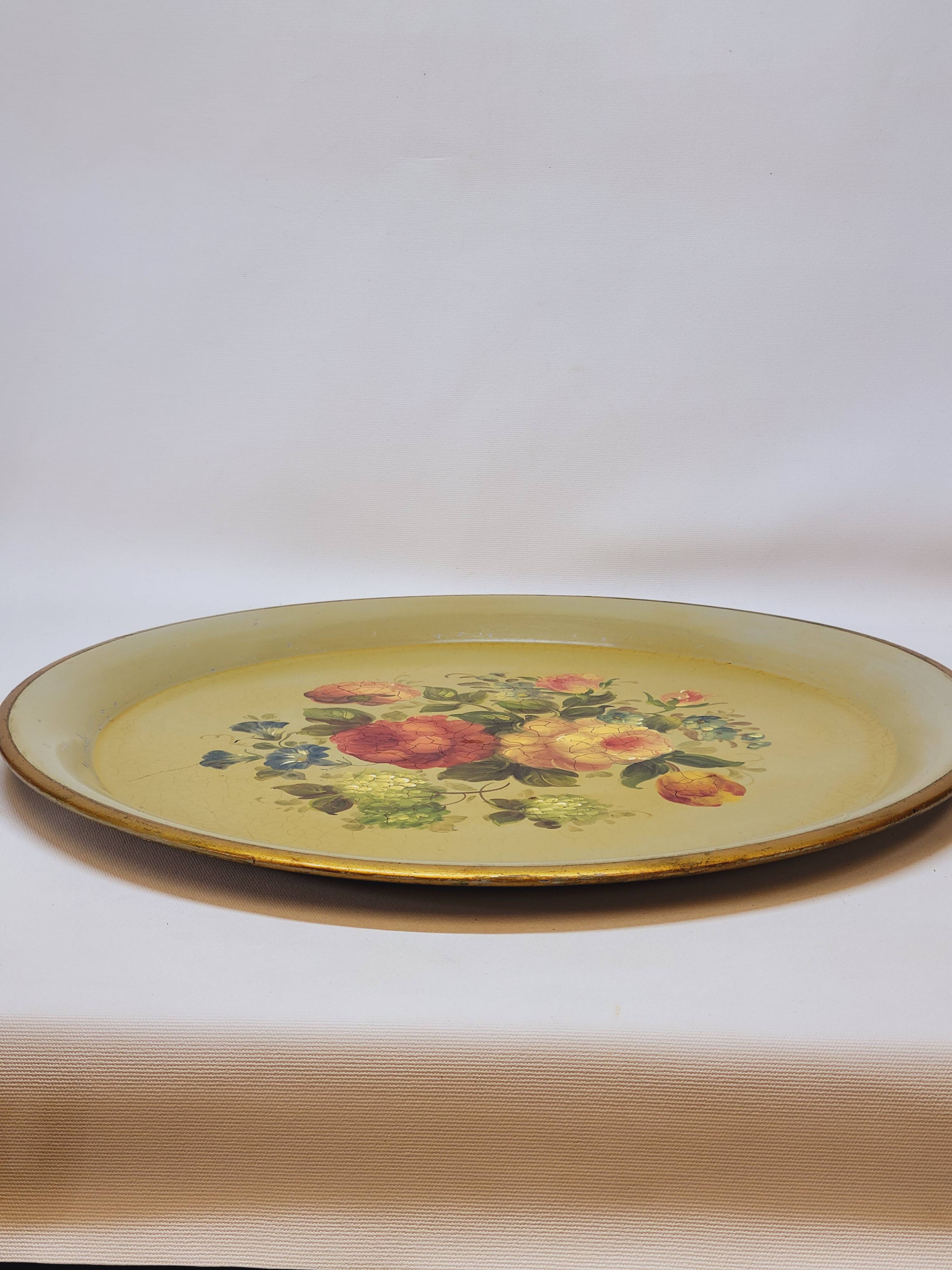 Napoleon III Painted Sheet Metal Tray Painted Metal Floral Decor Diameter 44.5