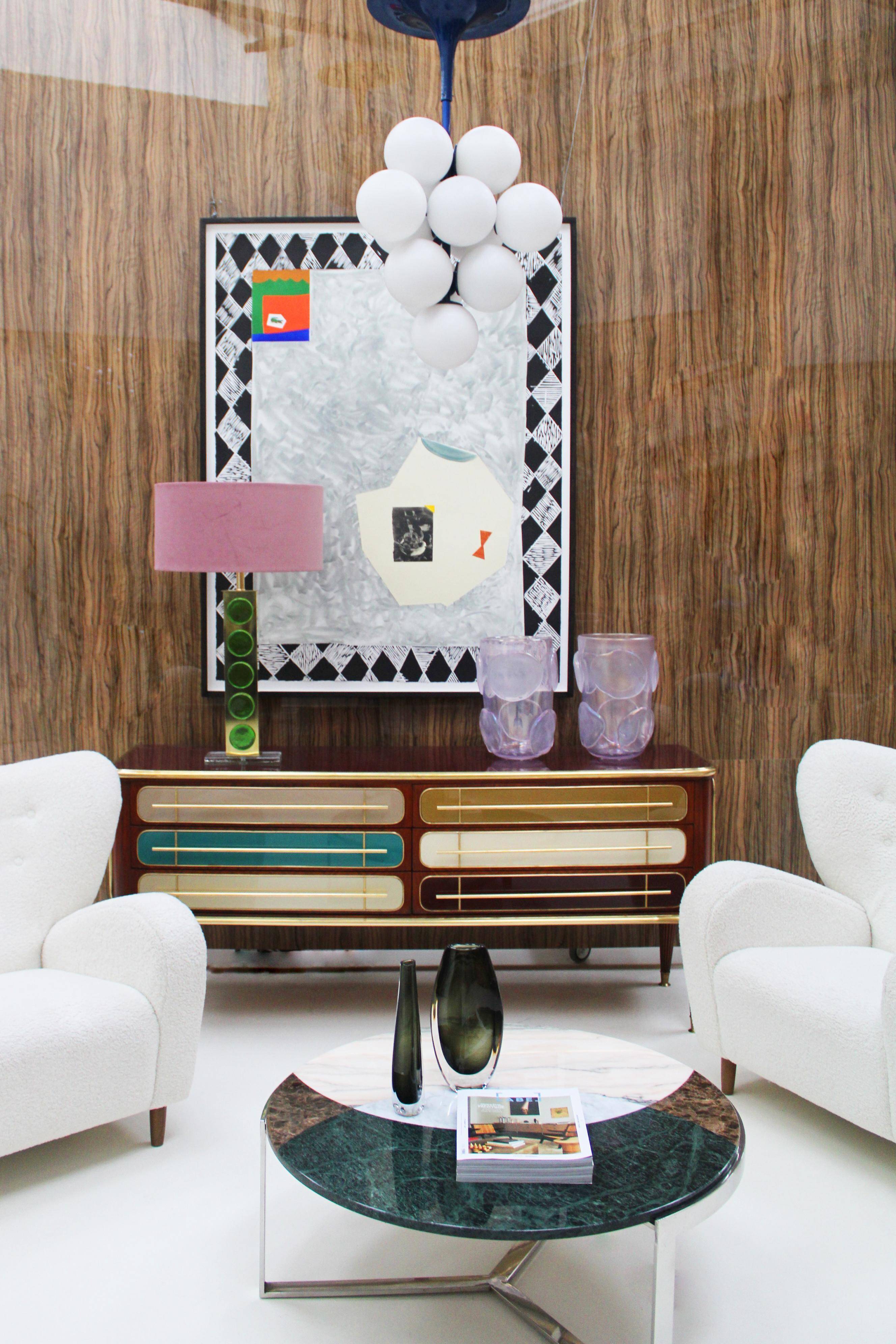 Mid Century Modern Italian Sideboard Wood and Colored Glass. 1950s