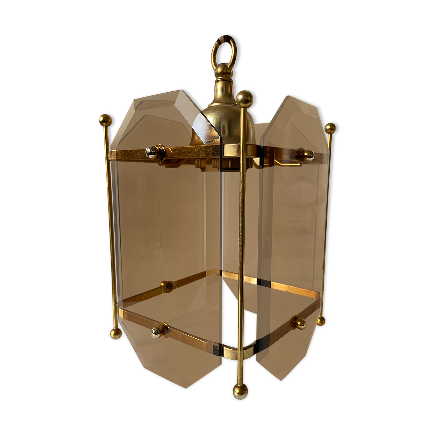 Scandinavian vintage lamp in brass & amber colored glass