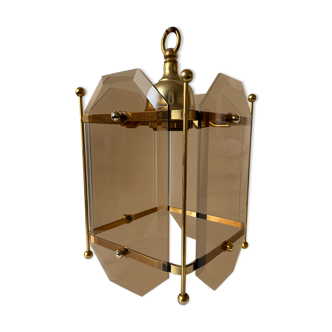 Scandinavian vintage lamp in brass & amber colored glass