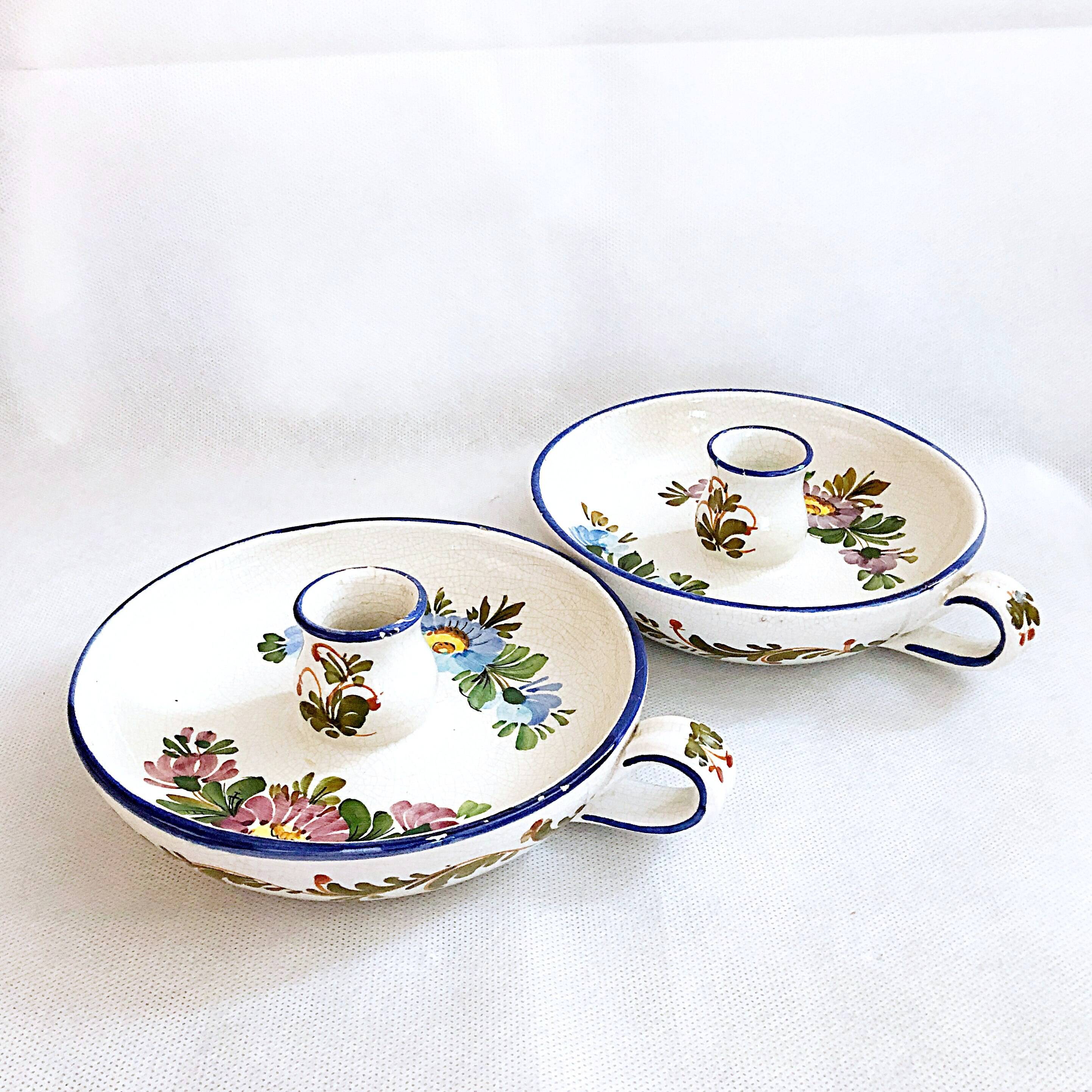 Pair of handmade cracked earthenware hand candlesticks signed Bassano Italy