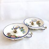 Pair of handmade cracked earthenware hand candlesticks signed Bassano Italy