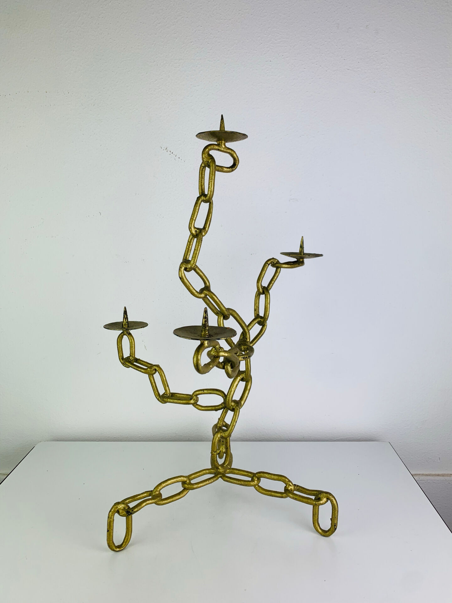 Brutalist candle holder, wrought iron, chain links, gold patina.
