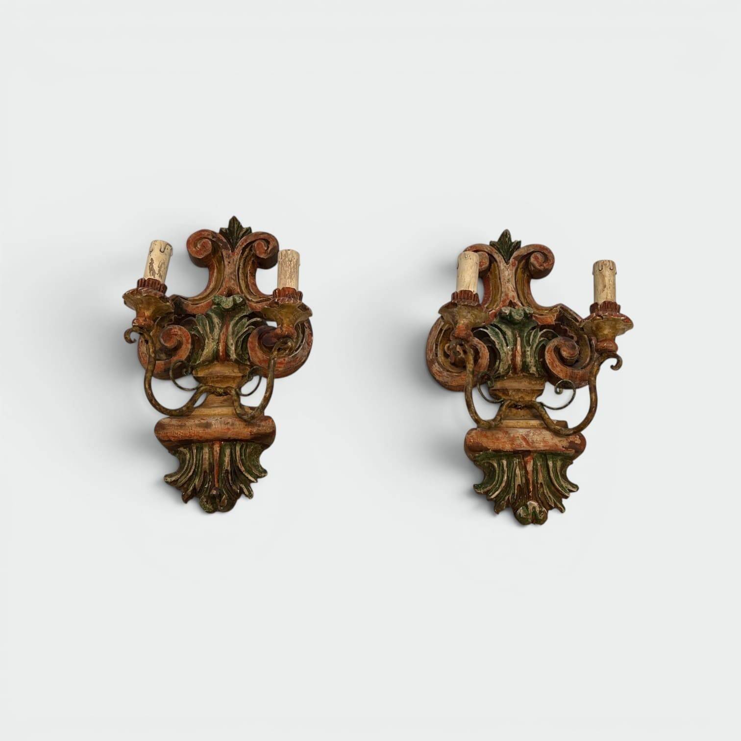 Pair of Polychrome Carved Wood Wall Lights with Vase and Acanthus. Arm in Iron.