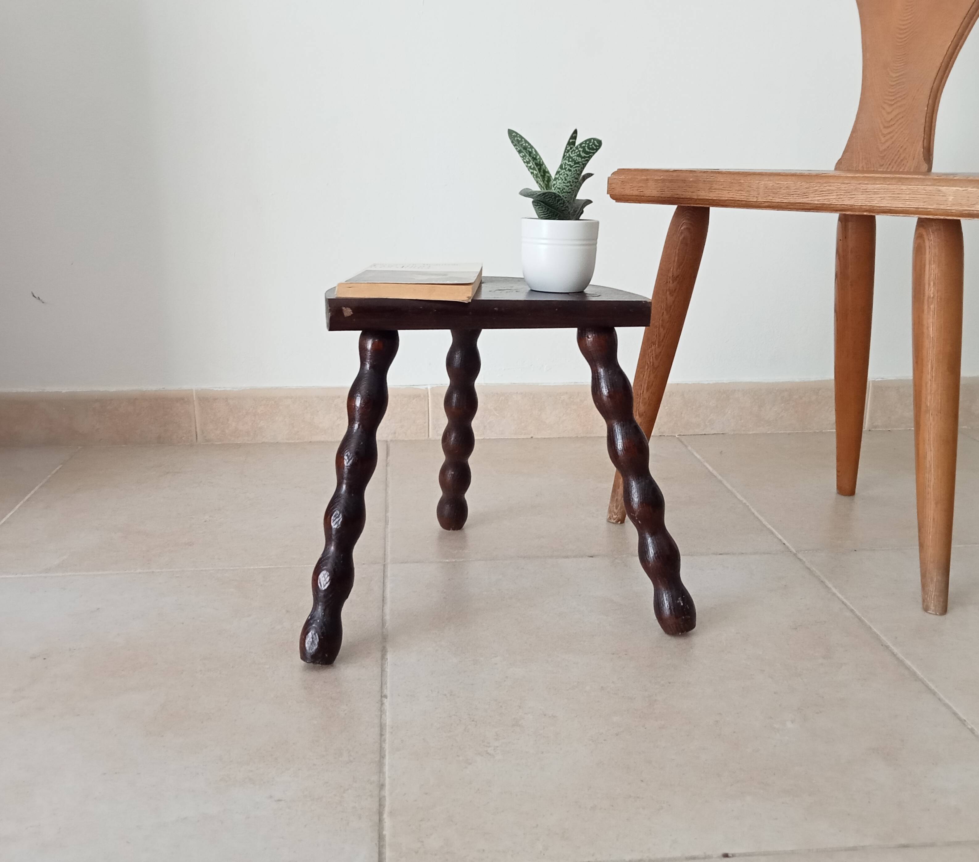Vintage turned wooden tripod stool