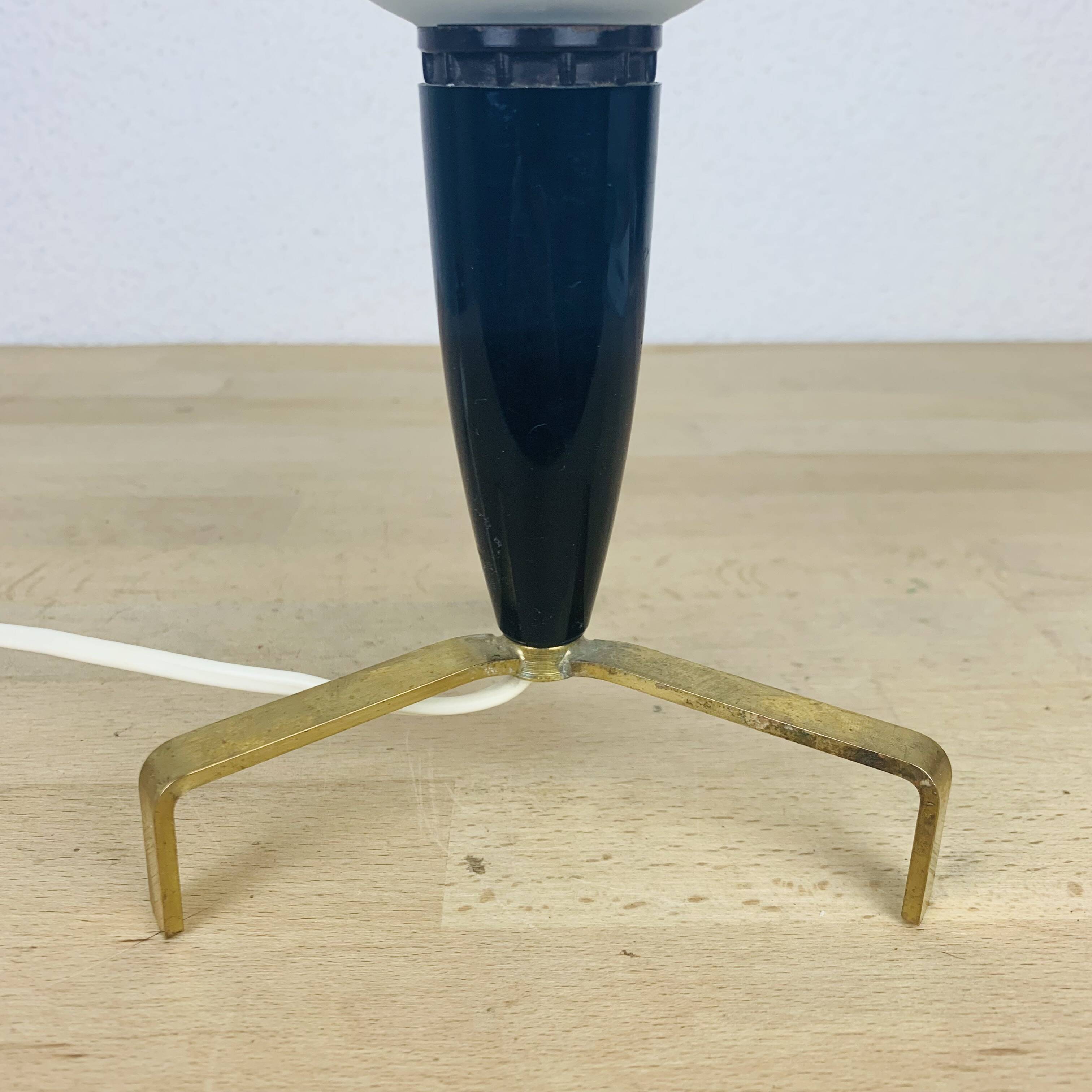 50s brass tripod lamp, opaline globe