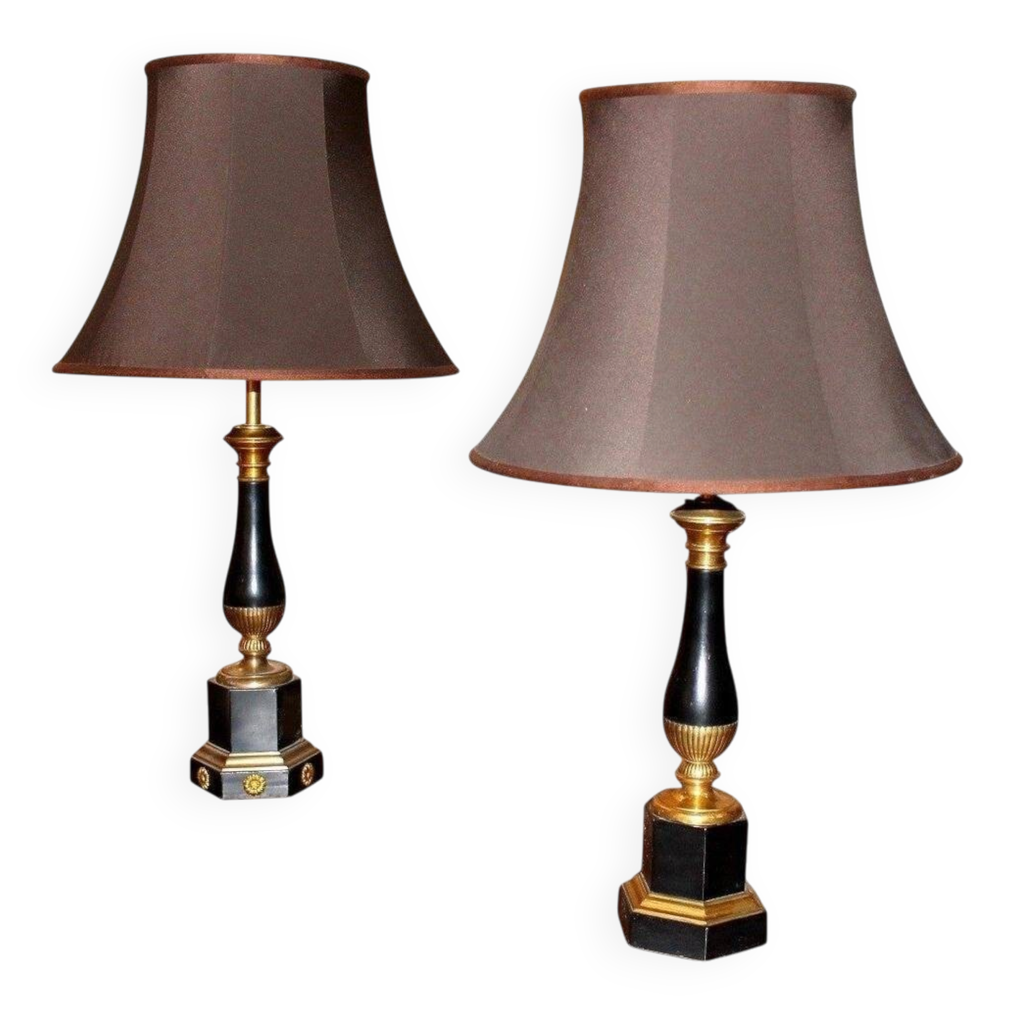 20th Century French Black Enamel Tole and Gilt Bronze Table Lamps with Silk Shade, Set of 2