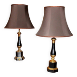 20th Century French Black Enamel Tole and Gilt Bronze Table Lamps with Silk Shade, Set of 2