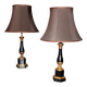 Lampes de table en tôle émaillée noire et bronze doré du 20e siècle avec abat-jour en soie, ensemble de 2.