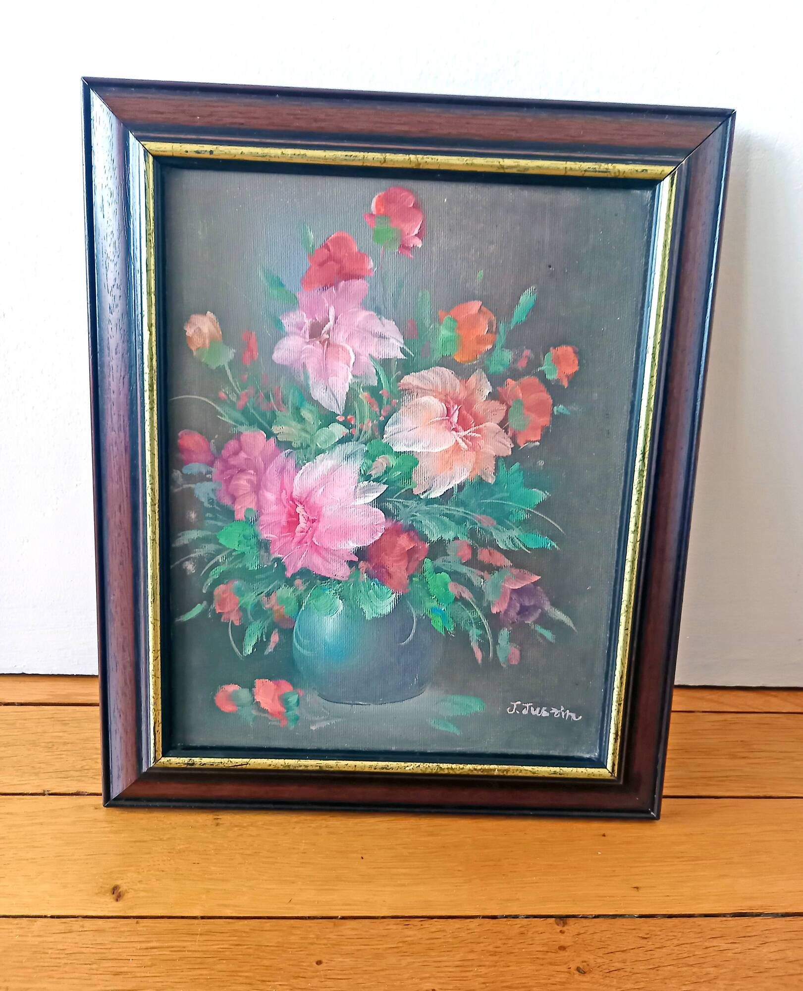 Small Painting Oil on Canvas Framed Still Life Flowers J. Justin Collection Signed